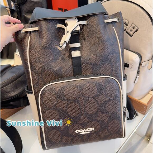 NWT COACH CY775 Racer Backpack Blocked Signature Canvas Leather Walnut Chalk - Picture 1 of 12